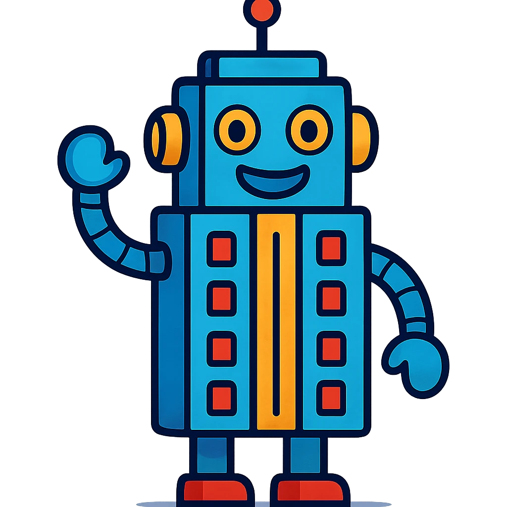 a smiling robot with a body shaped like a skyscraper emoji