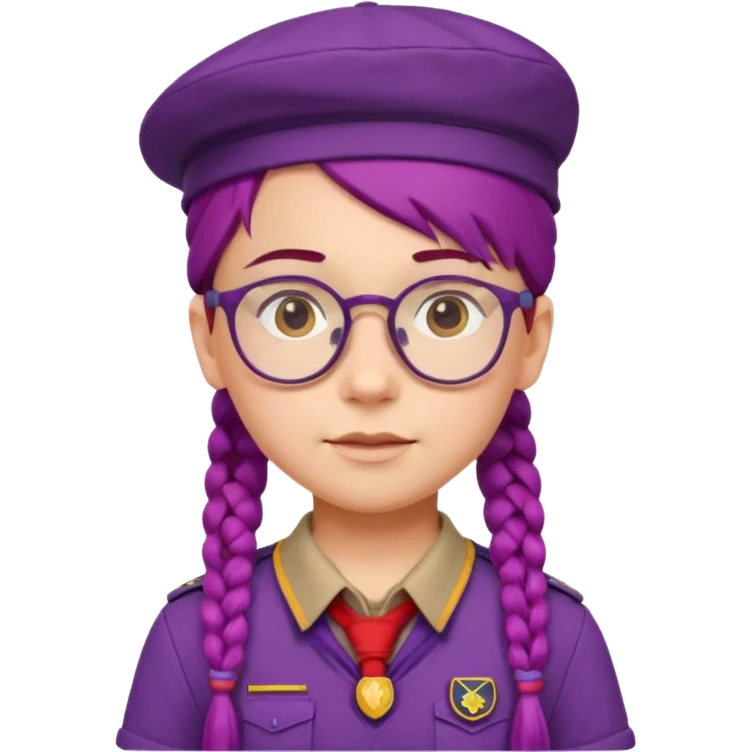 red uniform wearing scout kid with braids and glassess with hat purple haired emoji