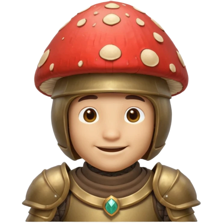 mushroom knight portrait, head and shoulders only, helmet made entirely of a large mushroom cap, textured mushroom surface, tiny fantasy armor collar, heroic smile, magical forest vibe, 3D cartoon, mobile game icon style, clean background, no text, no watermark
 
 emoji