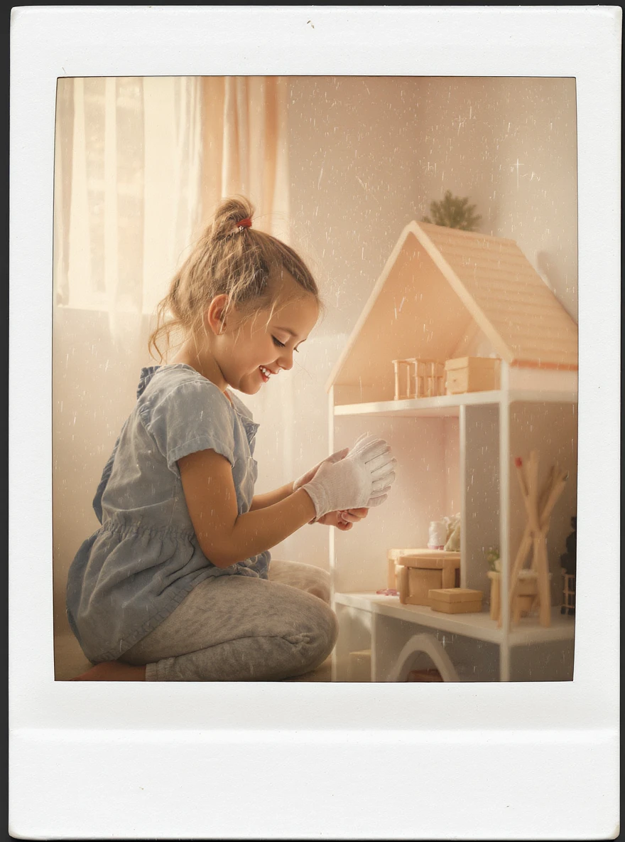 smiling girl arranging furniture in doll house emoji