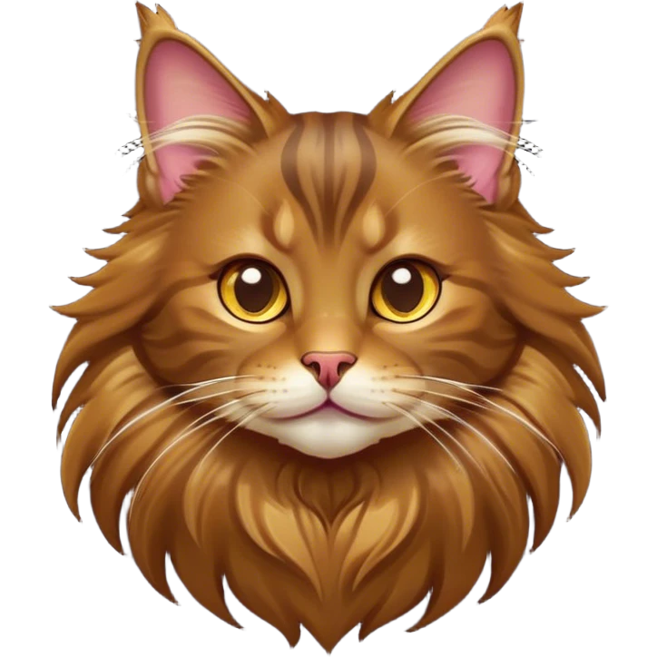 Cinematic Cute Brown Maine Coon Cat Portrait Emoji, Head tilted playfully with a touch of sass, sleek brown and gold fur with a majestic mane, Simplified yet hilariously adorable features, highly detailed, glowing with a warm, confident glow, high shine, mischievous yet lazy, stylized with a touch of playful whimsy, bright and endearing with a comical expression, soft glowing outline, capturing the essence of a quirky yet loving and lazy kitty, so meme-worthy it feels like it could stretch out of the screen and demand attention in the most dramatic way! emoji