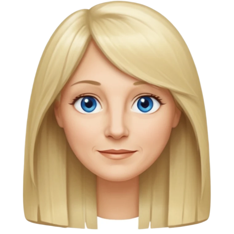 50 yr old white woman, curtain bangs, very long straight blond hair, oval face, small smile, blue eyes, thin face, hair down to elbows, round cheeks, pale, longer hair emoji