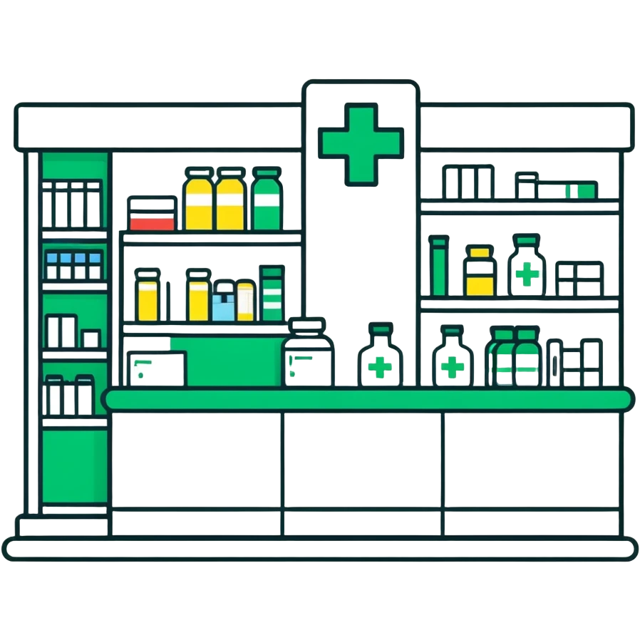 pharmacy shelves, pharmacist, green cross sign emoji