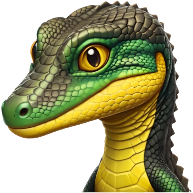 cinematic-realistic-cute-monitor-lizard-portrait-emoji,-head-tilted-playfully-and-inquisitively,-featuring-a-compact,-agile-body-with-finely-detailed,-glossy-scales-in-earthy-black and yellow-hues-and-a-distinct,-alert-face-with-bright,-curious-eyes, black , yellow spotted and green band  scales and a big long neck emoji