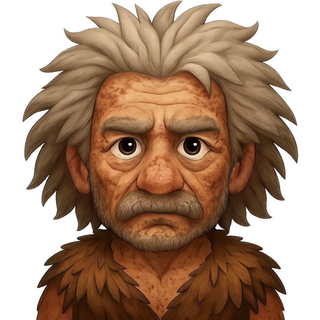 Make Albert Einstein as a caveman with wild hair look more primitive, with rougher clothing, messy hair, and a more rugged appearance, in emoji style with no background. emoji