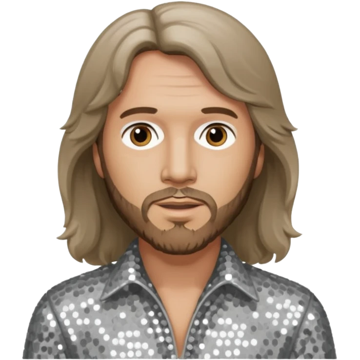 Barry Gibb from Bee Gees with light grey sequin outfit, long brown hair emoji