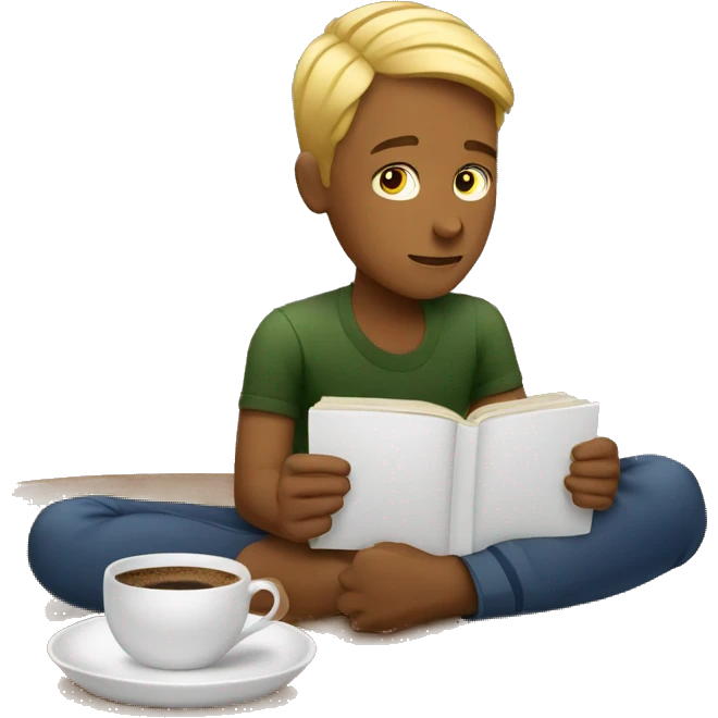 A boy reading on a coffee table with a cup of coffee next to him emoji