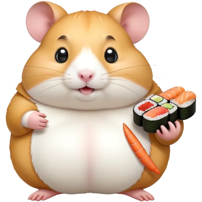 animated fat hamster holding a sushi emoji