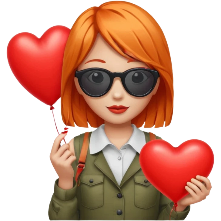 orange hair girl with sun glasses holding red heart balloon emoji
