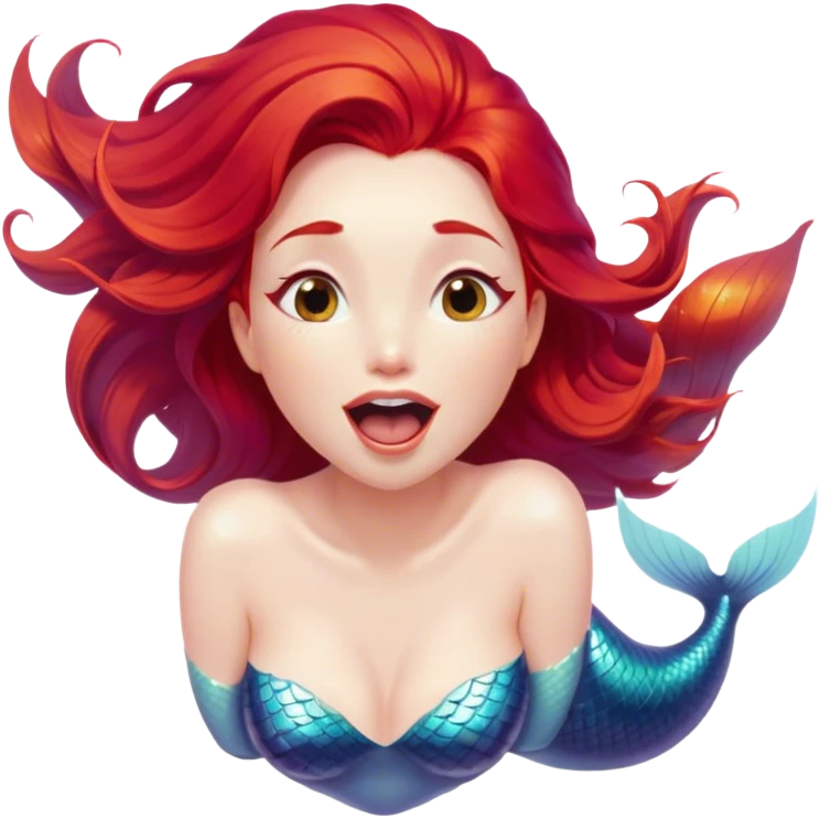 Cinematic Realistic Red Hair Mermaid Portrait, head tilted slightly with a dramatic, wide-open yawn, revealing a tender, relaxed visage with delicately detailed porcelain skin and vibrant, cascading red hair softly billowing around her. Her dreamy eyes exude a serene, aquatic charm, rendered with gentle underwater lighting and high shine—capturing the essence of a drowsy yet mesmerizing mermaid drifting into a tranquil slumber beneath the sea. emoji