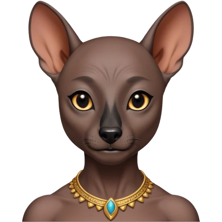 Cinematic Noble Xoloitzcuintle Portrait Emoji, Poised and regal, with a sleek, muscular build and smooth, hairless ebony skin accented by subtle wrinkles, deep-set soulful dark eyes, Simplified yet sharp and sophisticated features, highly detailed, glowing with a soft, dignified glow, high shine, intelligent and loyal, stylized with an air of ancient grace, focused and attentive, soft glowing outline, capturing the essence of a watchful and confident guardian, so majestic it feels as though it could stride out of the screen with effortless authority! emoji