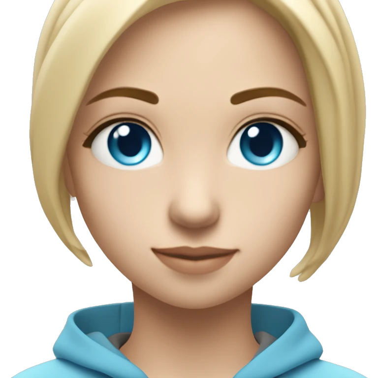 Chica joven rubia, ojos color azul, con suéter lululemon celeste emoji