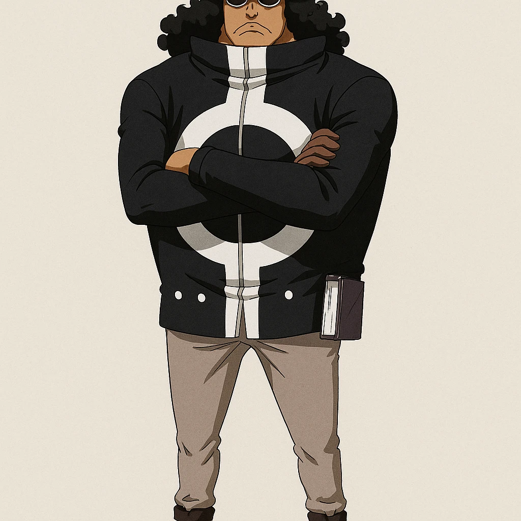 Bartholomew Kuma from One Piece, full body, arms crossed, bear hat, sunglasses, anime style emoji