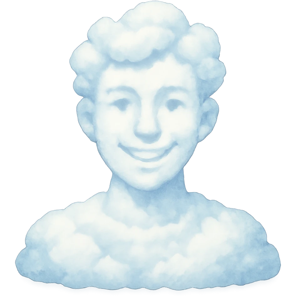 a bright and recognizable person from shoulders up, front view, composed of cloud shapes similar to the reference clouds, no text emoji