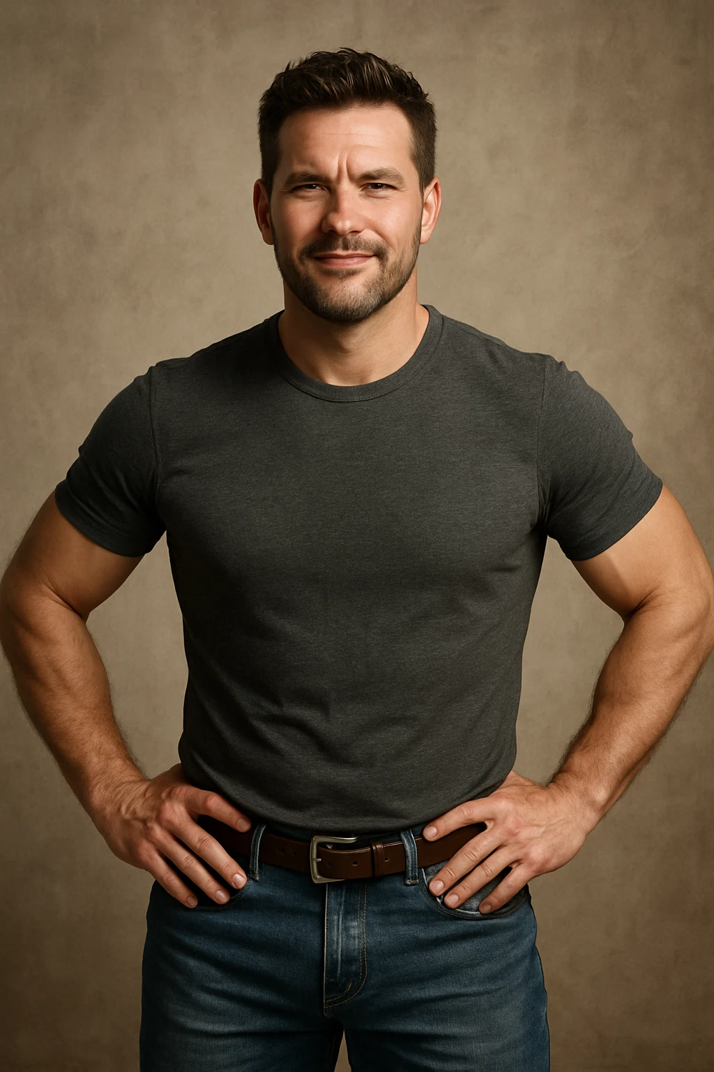 a dominant man with hands on hips, charismatic, wearing a casual outfit emoji