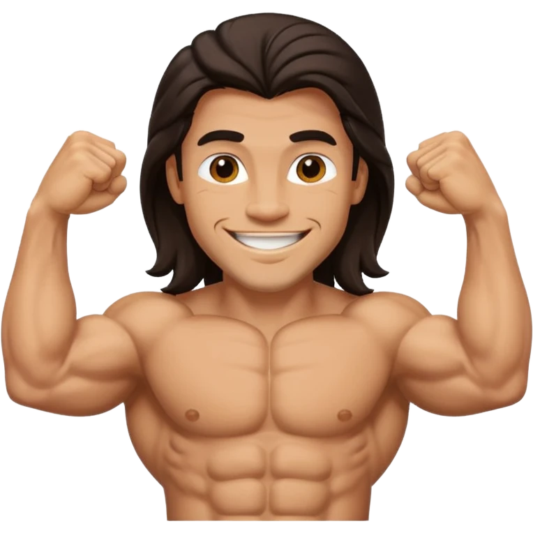 muscled happy guy showing biceps, long dark hair emoji