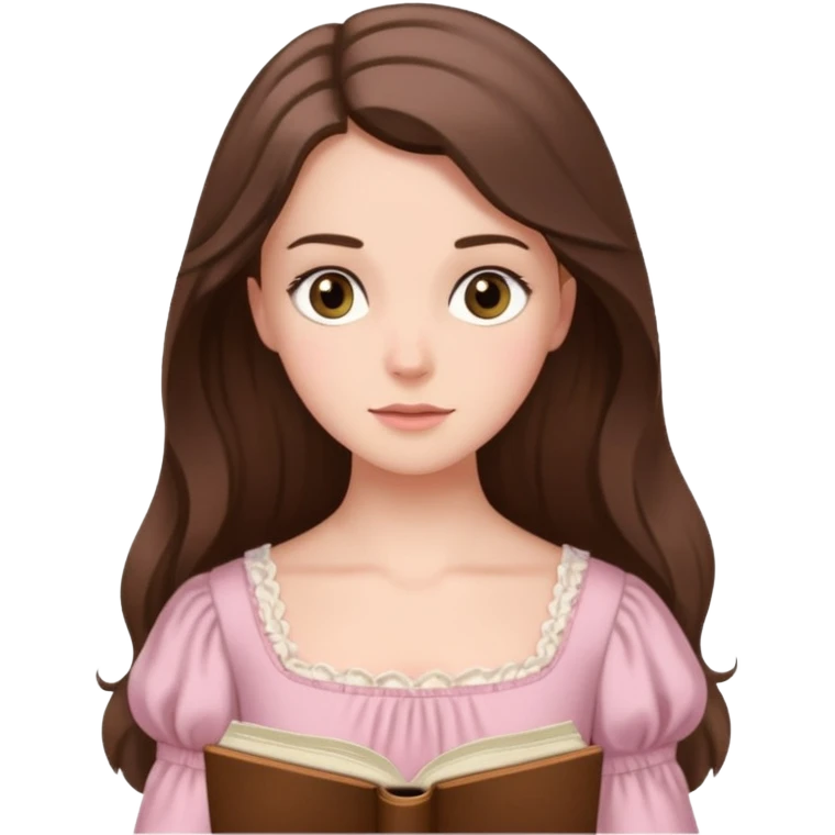  white long brunette hair girl with hazel eyes in light pink reading Pride and Prejudice emoji