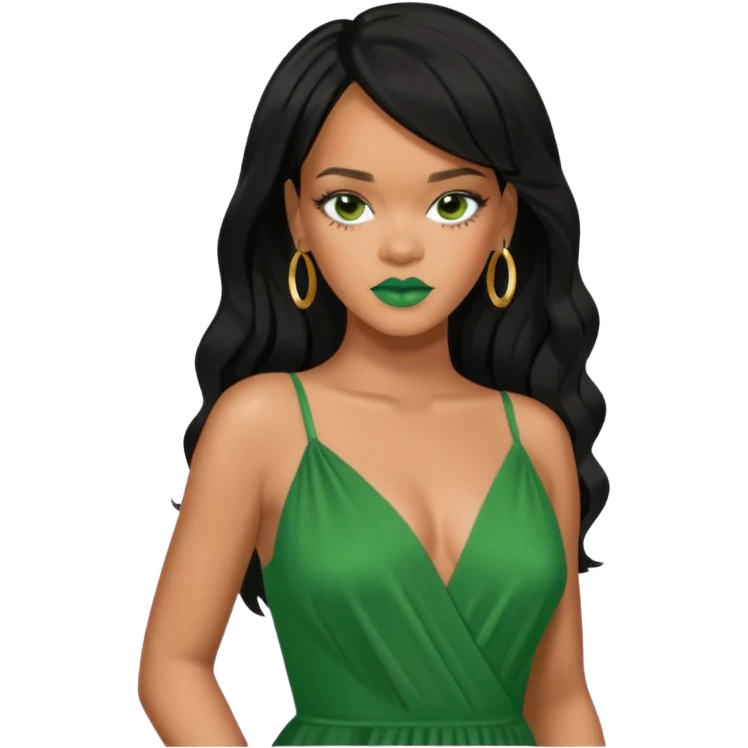 Rihanna black hair, hazel eyes, green dress emoji