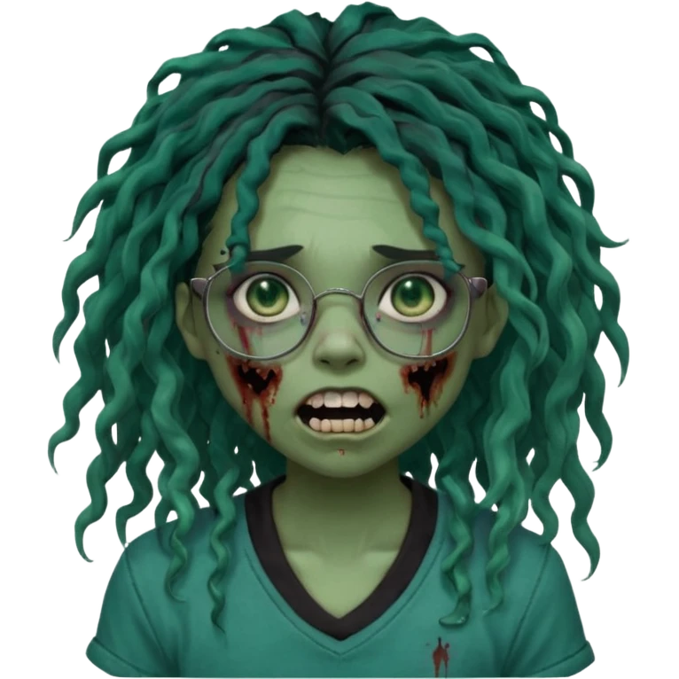 One girl greenskinned, zombie with glasses, with ombre black roots, dark teal long locks & side bang of her locs that fall over slightly covering the right eye, a sinister expression w/ the mouth open, teeth showing, and the jaw uneven. with a small wound near its mouth, her locks curly, black shirt emoji