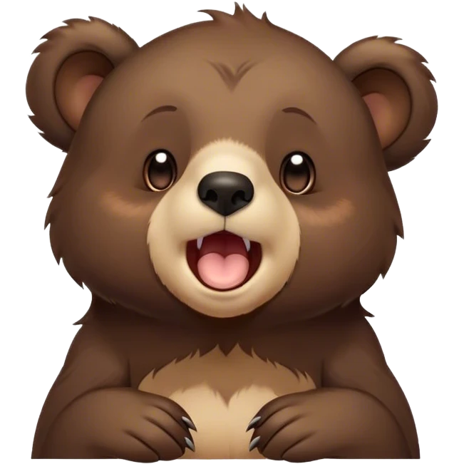 Cinematic Cute Yawning bear cub Portrait Emoji, Head tilted slightly with a dramatic, wide-open yawn, showcasing a soft, plush dark brown fur with drooping ears, round eyes barely open in drowsy contentment, Simplified yet irresistibly adorable features, highly detailed, glowing with a soft, cozy glow, high shine, relaxed yet expressive, stylized with a touch of woodland charm, bright and endearing, soft glowing outline, capturing the essence of a sleepy yet affectionate bear cub, so drowsy it feels like it could lumber out of the screen and curl up for a nap! emoji