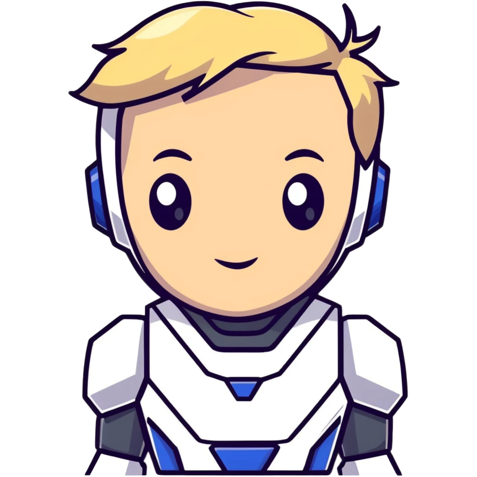 Male robot face with blond hair, sharp features, neutral expression, white collar, futuristic assistant emoji
