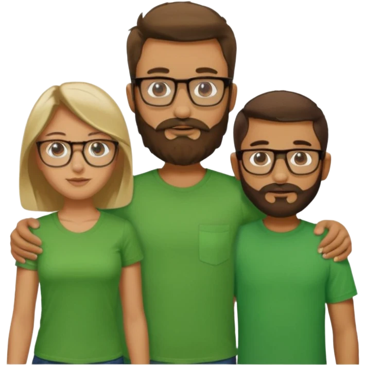 A family consisting of a man who's bearded, tanned, wearing glasses, a woman, slightly tanned, and a 14 year old teenage boy, slightly tanned, wearing a green t-shirt, not everyone is wearing glasses,  emoji