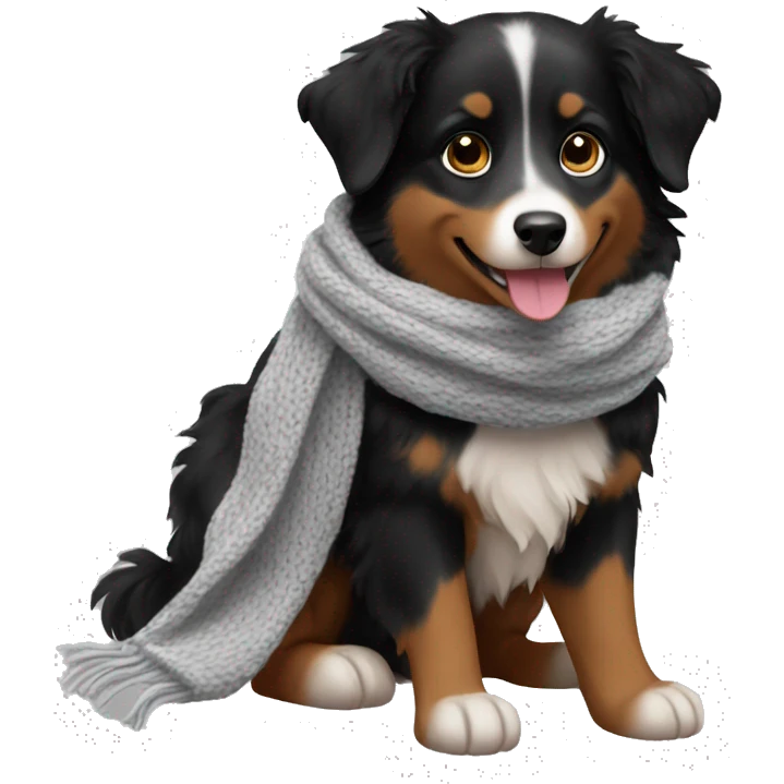 Small black australian shepherd dog wearing a knit scarf emoji