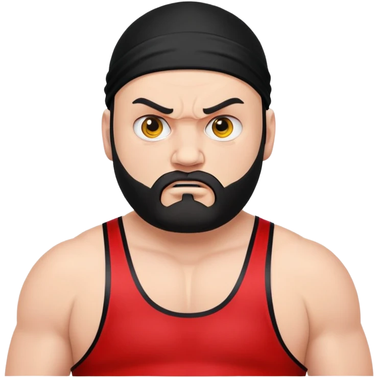 White skin fat guy with prominent black durag, black beard, black eyes in a red and black wrestling singlet with angry face emoji