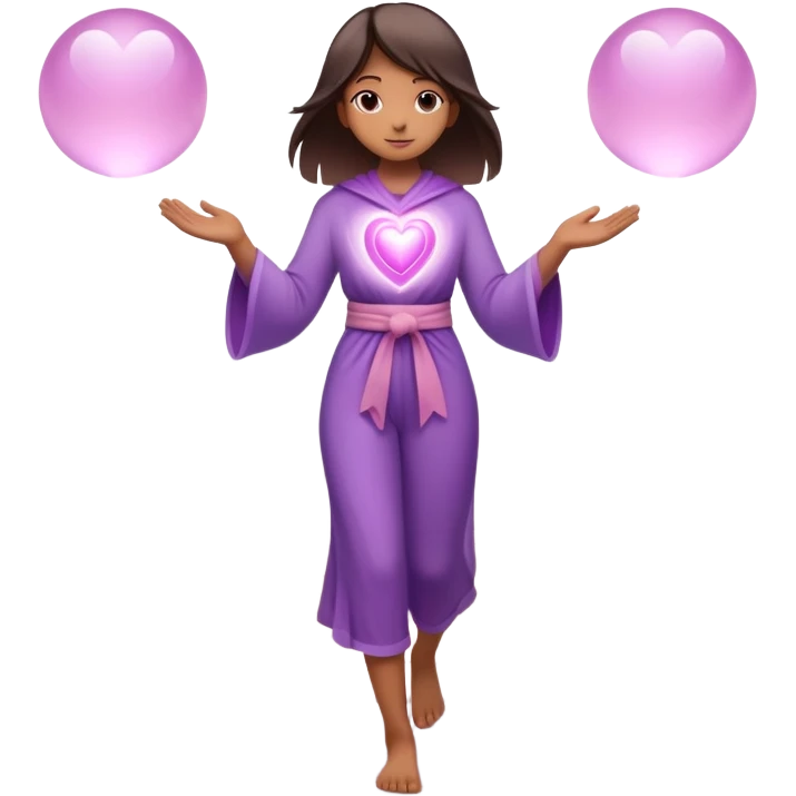 A small figure walks back across a foggy bridge, holding soft pink and purple orbs in each hand—symbolizing compassion and forgiveness. A gentle heart aura trails behind them, showing healing in motion. emoji