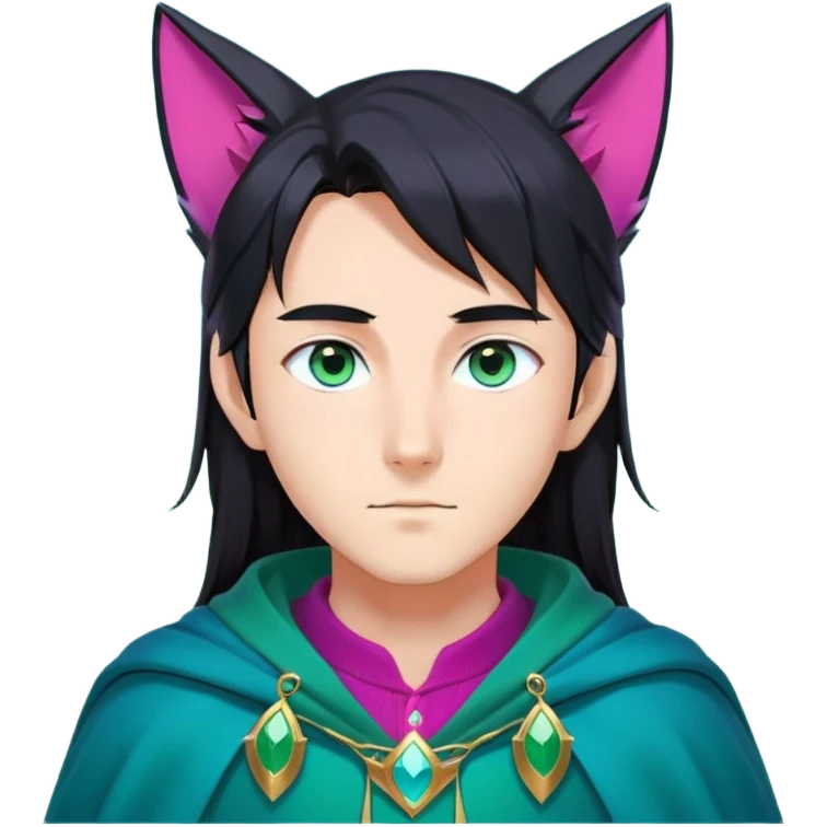 anime man with long-straight-dark-black hair, long black fox ears with pink Scapha, colorful-gradient-brown-turquoise eyes, gold earring, dark-blue-sweater, green cape, white pupils emoji