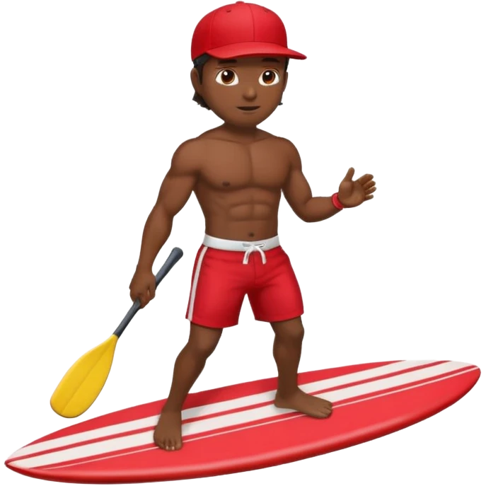 Dark, muscular surfer wearing red shorts and a baseball cap Hawaii emoji