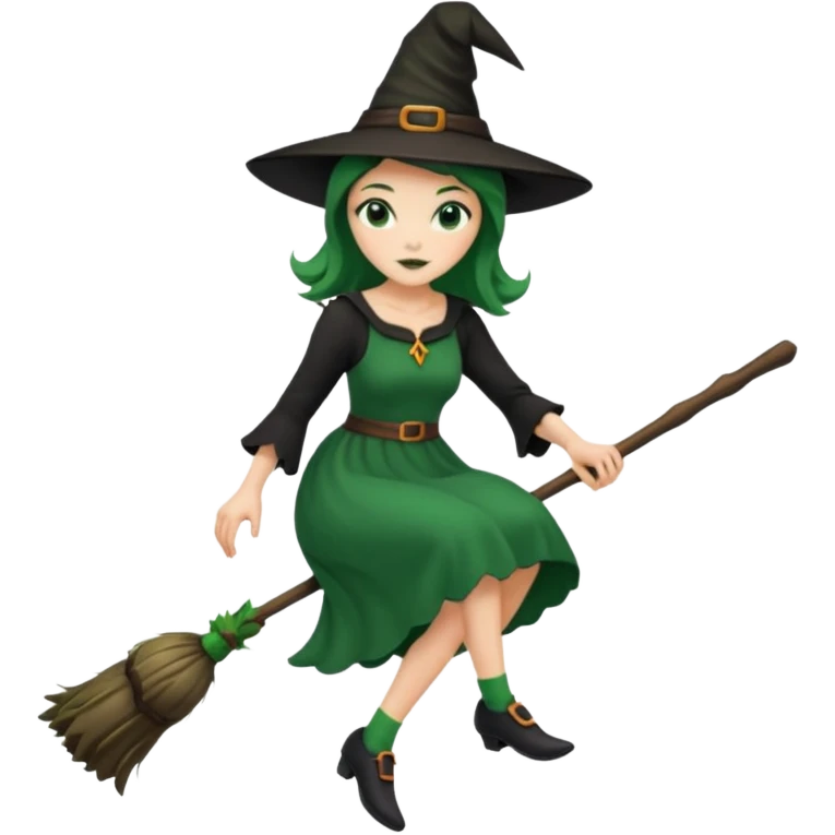ведьма на метле в зелено-черном платье emoji