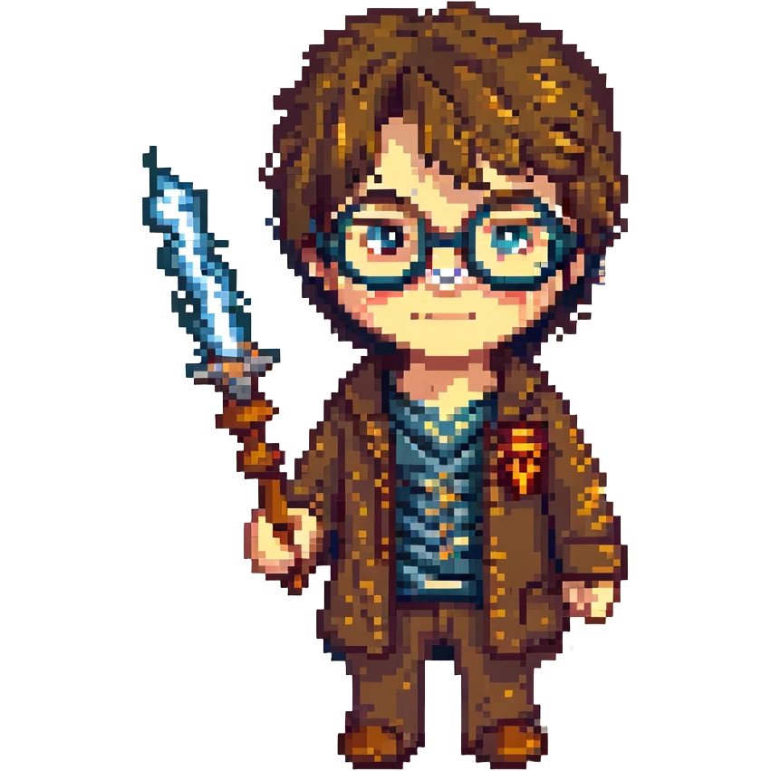 Harry Potter with glasses, lightning scar, and wand in pixel art style emoji