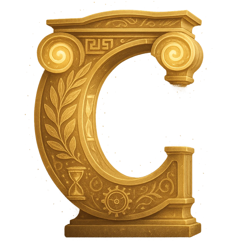 letter C designed to look like a Greek temple column, with subtle godly motifs and a mystical aura, referencing Chronos, only the letter C emoji