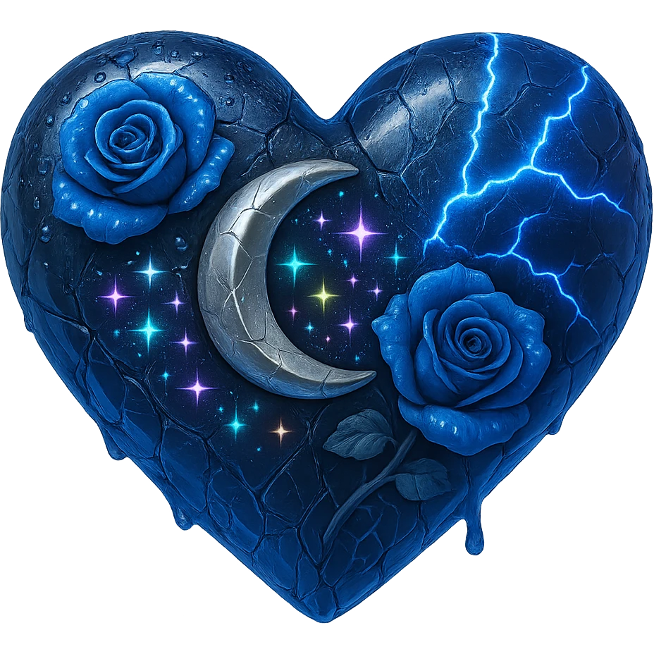 Edit the image to depict a blue gothic heart made of deep blue glass with a silver crescent moon, midnight blue roses, holographic stardust, neon lightning, drenched look, and splintered glass texture. The style should resemble 3D emoji style. Remove the background. emoji