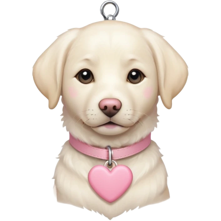 White Labrador wearing a light pink collar with a light pink heart tag emoji