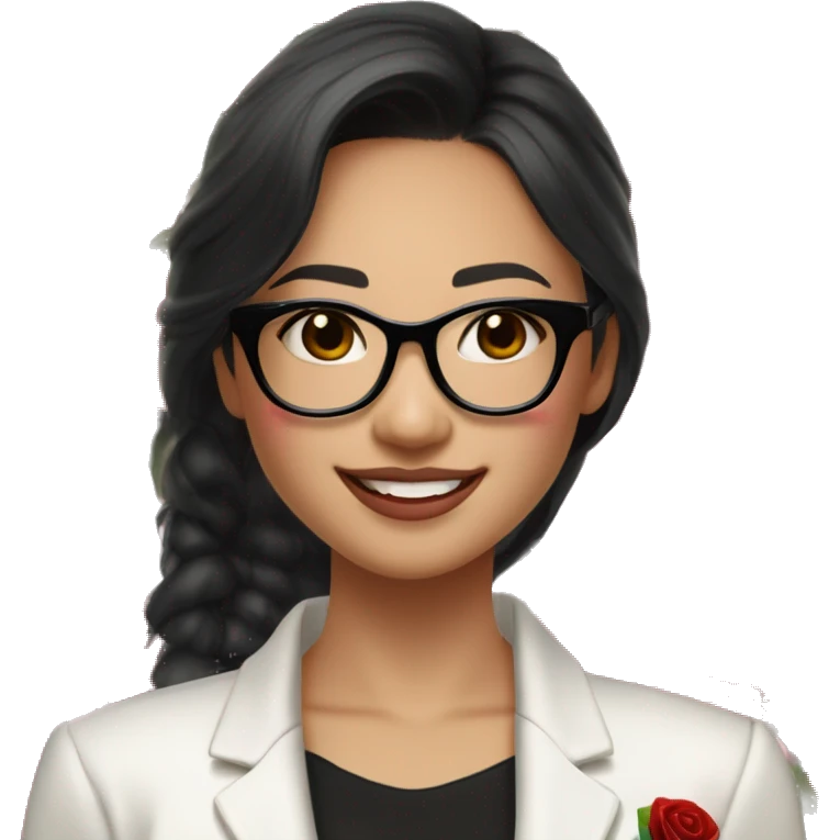 Asian girl, smiling with teeth and dimples on the cheeks, fair skin, black long hair, black eyes, black glasses with gold frames, red lipstick, wearing a white lace tank top and a black office jacket on top, with pink and red roses around her emoji