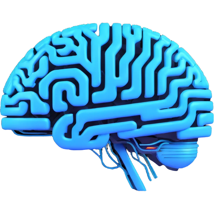 AI-themed emoji, brain with digital circuits, neon blue accents emoji