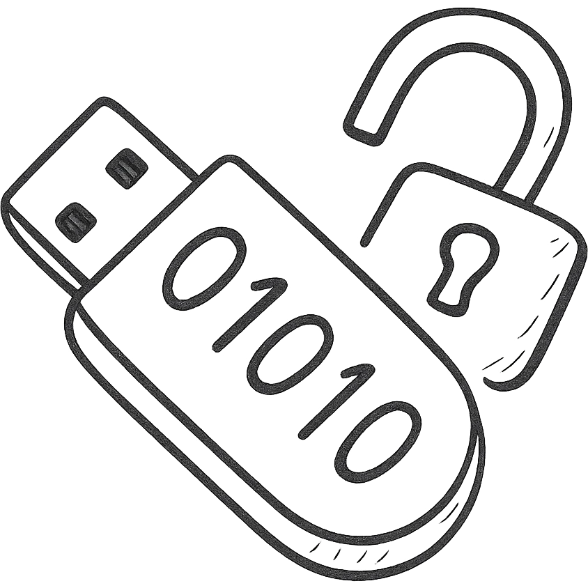 hand-drawn outlined icon of a USB drive and broken lock merged, tilted down-left, transparent, gray and black, with 1s and 0s inside emoji