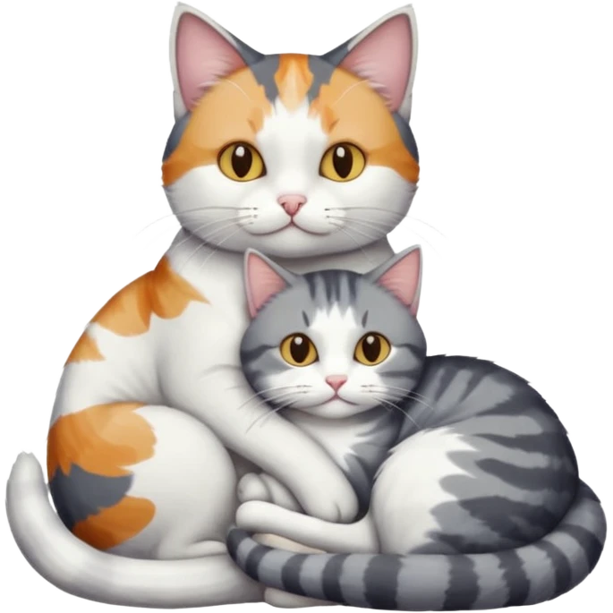 full body colourful light patched calico + white tabby cat cuddling a grey and white cat  emoji