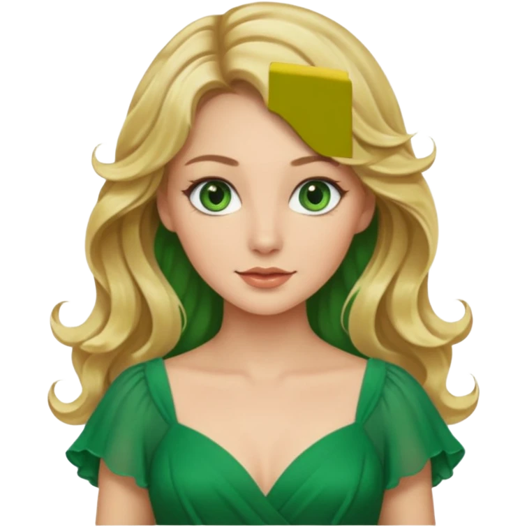 Queen, blonde wavy hair, green eyes, long green dress emoji