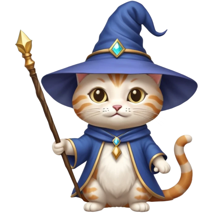 cat wizard with a pointed hat and magic wand emoji