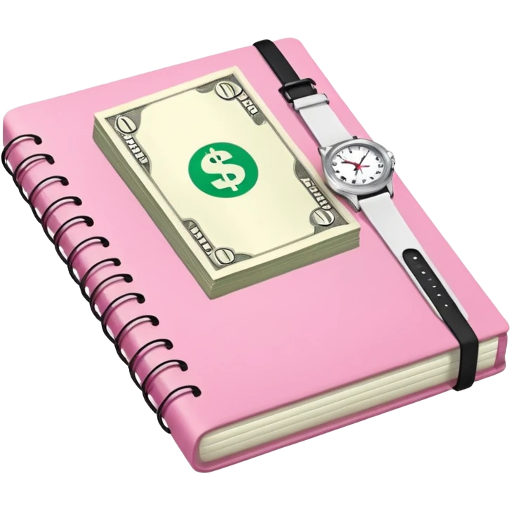 Libreta rosa, reloj blanco y un dolar emoji