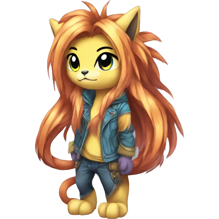 Anthro Sona Cool Edgy Cute Legendary Colorful Shy Shiny Fakemon-Fantasy-Creature With Long Hair-Mane Full Body Detailed High Quality emoji