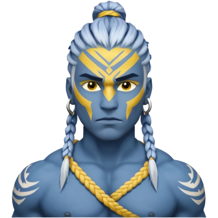 Design a Na’vi male with blue skin, tribal markings, braided hair, sharp eyes & a warrior look. emoji