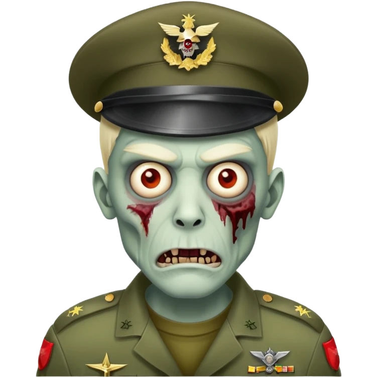 A male zombie emoji with a miltary hat on its head with an evil face emoji