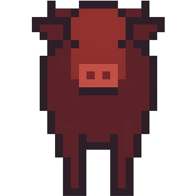 Change the pixel art Aberdeen Angus cow to a red coat, keep front view, minimal details, no background, in pixel art style. emoji