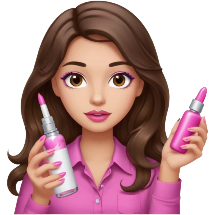 girl with long wavy brown hair, brown eyes, light to medium complexion, in a pink shirt, pink lips, long lashes, puckered lips,  painting long finger nails emoji