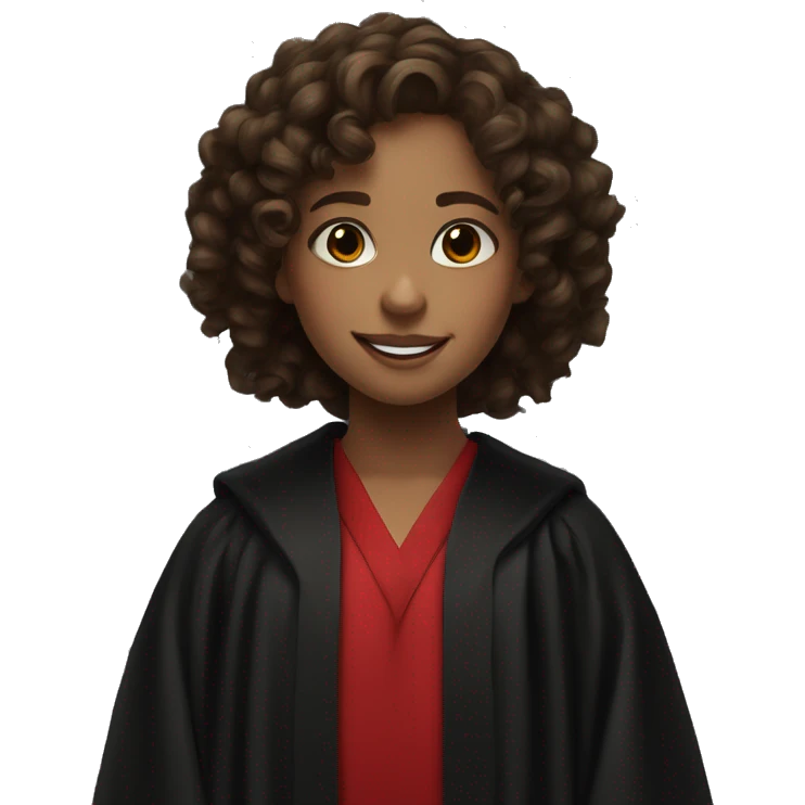 a young girl with curly brown hair, brown eyes, bigger front teeth, shes light skinned and dressed in a black robes with red tie emoji