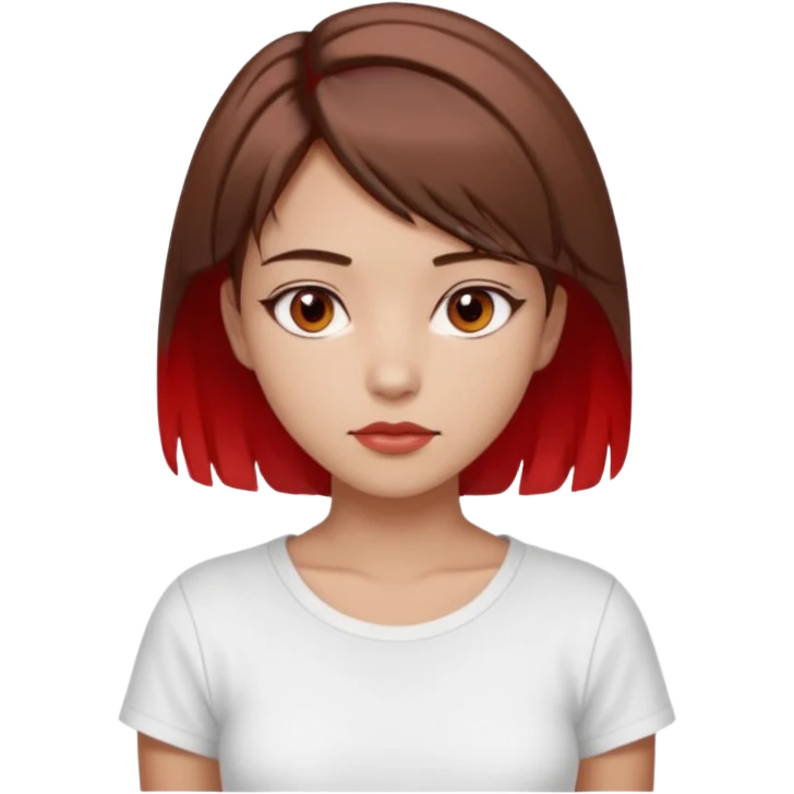 Una ragazza bellissima, truccata un po', con occhi marroni e capelli marroni corti fino alle spalle con due ciocche rosse davanti . Un seno medio. Vestita con una maglietta aestetich bianca  emoji